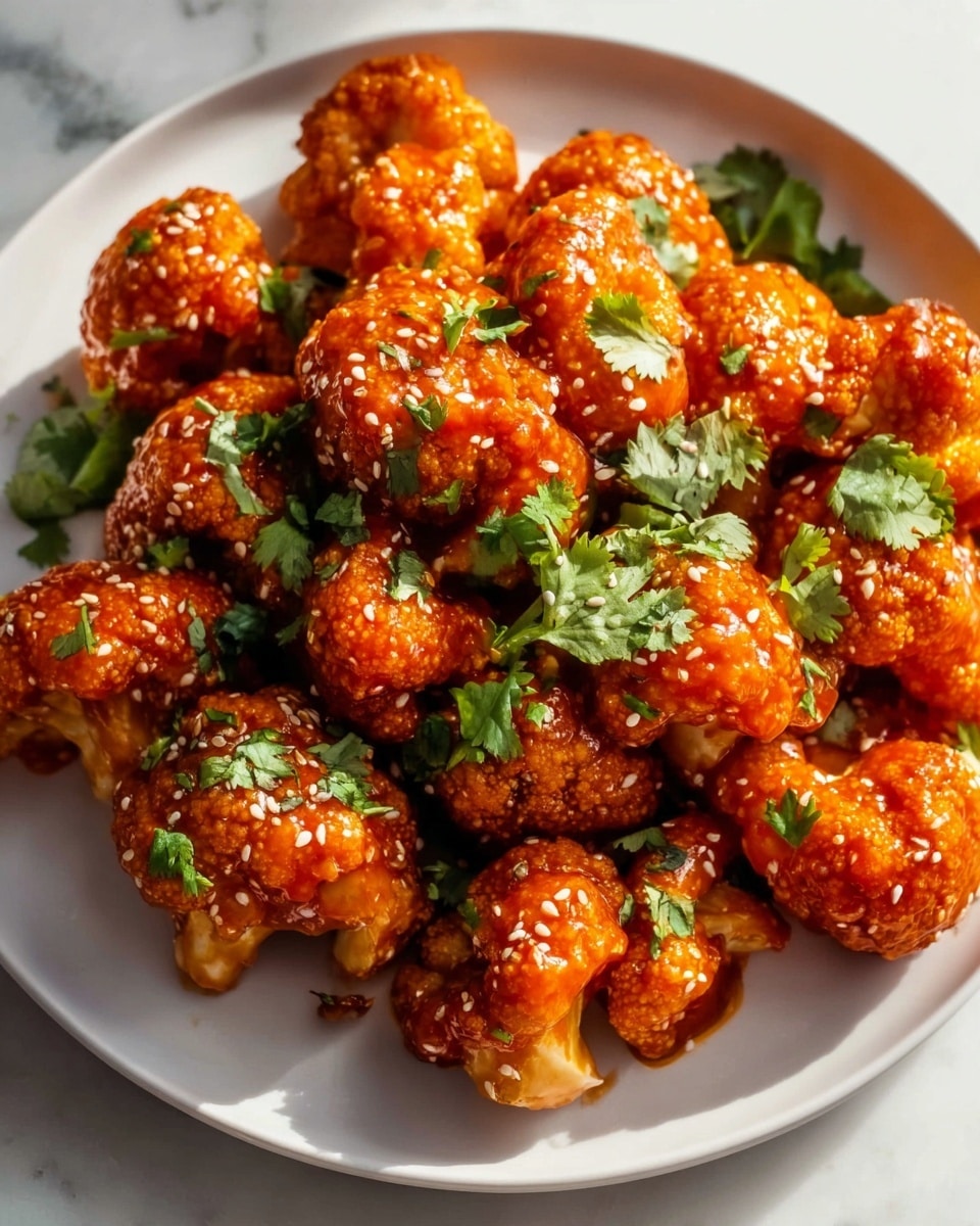 Large white serving plate filled with whole crispy cauliflower florets evenly coated in a rich, glossy, bright red buffalo sauce, garnished generously with fresh cilantro leaves and sprinkled with white sesame seeds, photographed from a slight 3/4 angle on a white marble countertop with natural lighting, styled as a professional food magazine hero shot, photo taken with an iphone --ar 4:5 --v 7