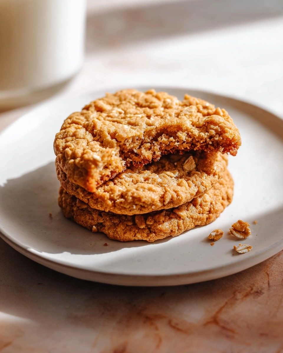 Large white plate piled high with freshly baked oatmeal peanut butter cookies, golden brown with visible oats and a soft texture, accompanied by a small knife spreading creamy peanut butter, arranged neatly on a wooden surface with a glass of milk nearby, whole dish professionally styled and photographed in natural light from a 3/4 angle, white marble background, food magazine hero shot, photo taken with an iphone --ar 4:5 --v 7