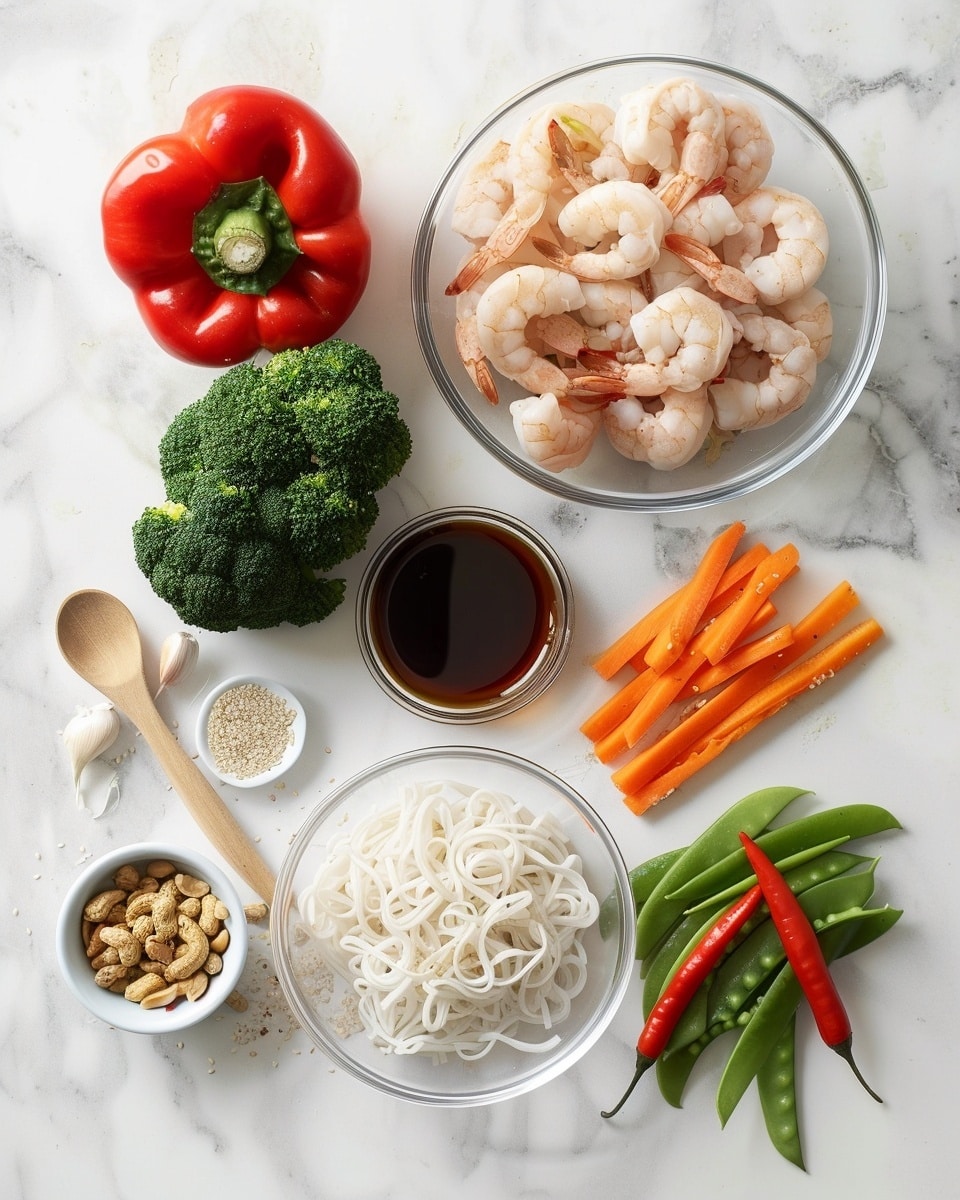 Single white bowl filled with a close-up serving of shrimp stir-fry featuring several plump, perfectly cooked shrimp nestled among bright green broccoli florets, snap peas, and thin carrot sticks, all resting on a bed of glossy, tender lo mein noodles coated in a savory sauce. The shot highlights the caramelized edges of the shrimp and the vibrant colors of the fresh vegetables, with natural lighting accentuating the textures, set on a white marble surface, intimate plated serving photo taken with an iphone --ar 4:5 --v 7