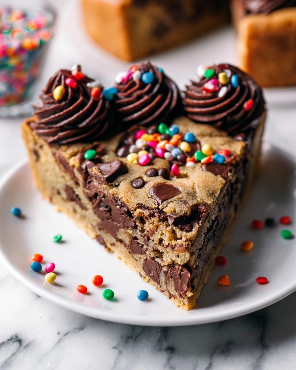Whole large chocolate chip cookie cake displayed on a white plate, decorated with piped swirls of rich chocolate frosting along the edges, each topped with vibrant multicolored sprinkles and candy beads, showing soft chocolate chips spread evenly throughout the cookie surface, presented on a white marble countertop with natural lighting, captured from a 3/4 angle showcasing the entire uncut dessert, professional food magazine style photo taken with an iphone --ar 4:5 --v 7