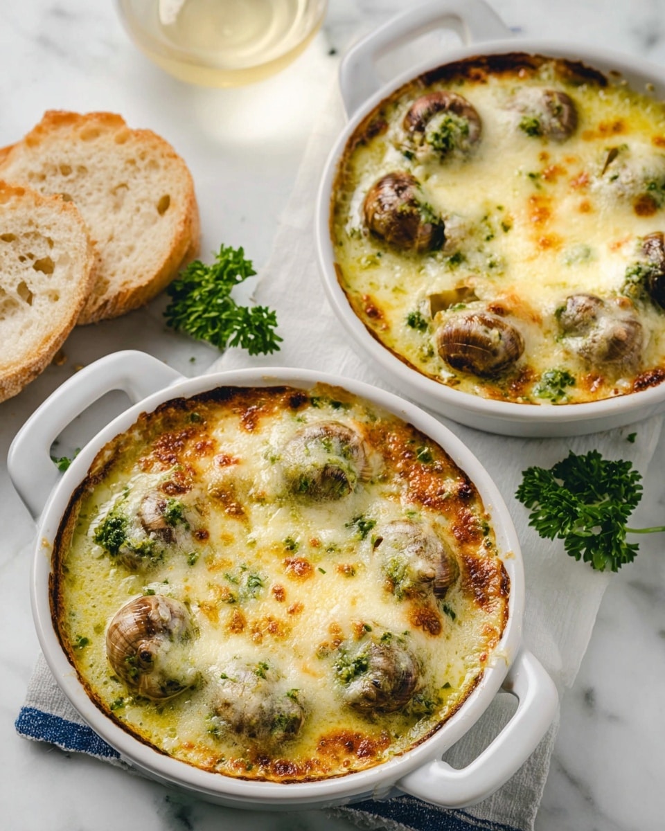 Two large white ceramic baking dishes filled with bubbling, golden baked escargots au gratin, each snail nestled under a rich butter, garlic, and herb sauce topped with melted cheese that is golden and slightly crispy around the edges, fresh parsley leaves scattered around the white marble countertop, with natural light highlighting every glistening detail, photographed from a 3/4 angle showing the entire dishes in frame, professional culinary hero shot photo taken with an iphone --ar 4:5 --v 7