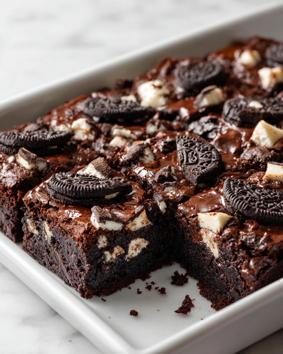 Large white rectangular baking pan filled with a whole Oreo and white chocolate chunk brownies, showcasing an uncut, rich chocolate surface scattered with whole Oreo cookies and melting white chocolate pieces, glossy top crust with cracked textures revealing the dense, fudgy interior, photographed from a 3/4 angle on a white marble countertop in natural light, professional food magazine hero shot, photo taken with an iphone --ar 4:5 --v 7