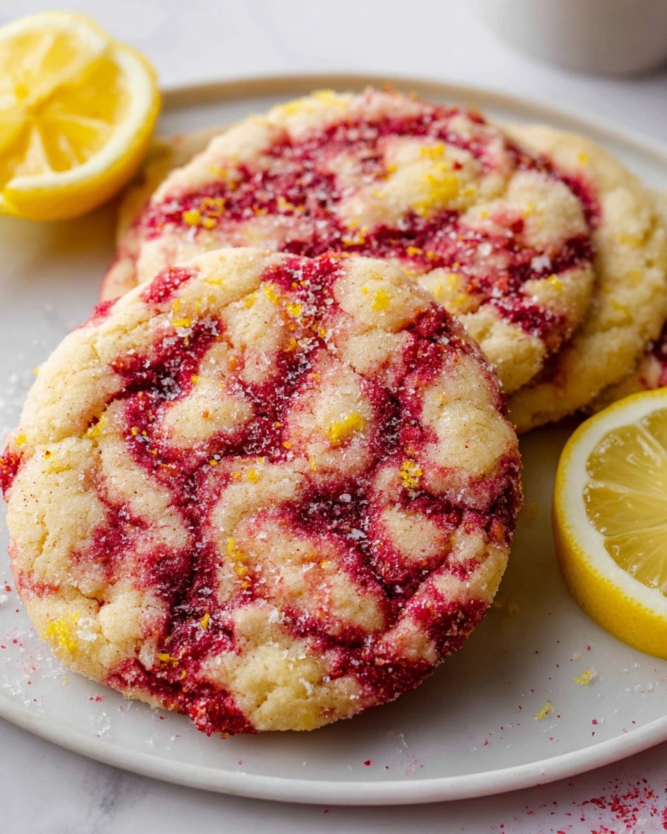 A white rectangular platter filled with multiple large, round raspberry swirl sugar cookies, each cookie showing vibrant red raspberry streaks marbled into a soft golden cookie dough, lightly sprinkled with coarse sugar crystals and small flecks of lemon zest, all cookies arranged closely together on parchment paper, photographed in natural light on a white marble countertop from a 3/4 angle, professional food magazine hero shot photo taken with an iphone --ar 4:5 --v 7