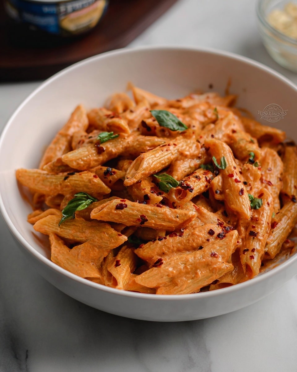 Large white serving bowl filled with creamy penne pasta coated in a rich, velvety tomato and cheese sauce, garnished generously with shredded cheese and fresh basil leaves, accompanied by small bowls of chili flakes and grated parmesan cheese on a white marble countertop, shot with natural lighting from a 3/4 angle, styled as a professional hero food magazine photo taken with an iphone --ar 4:5 --v 7