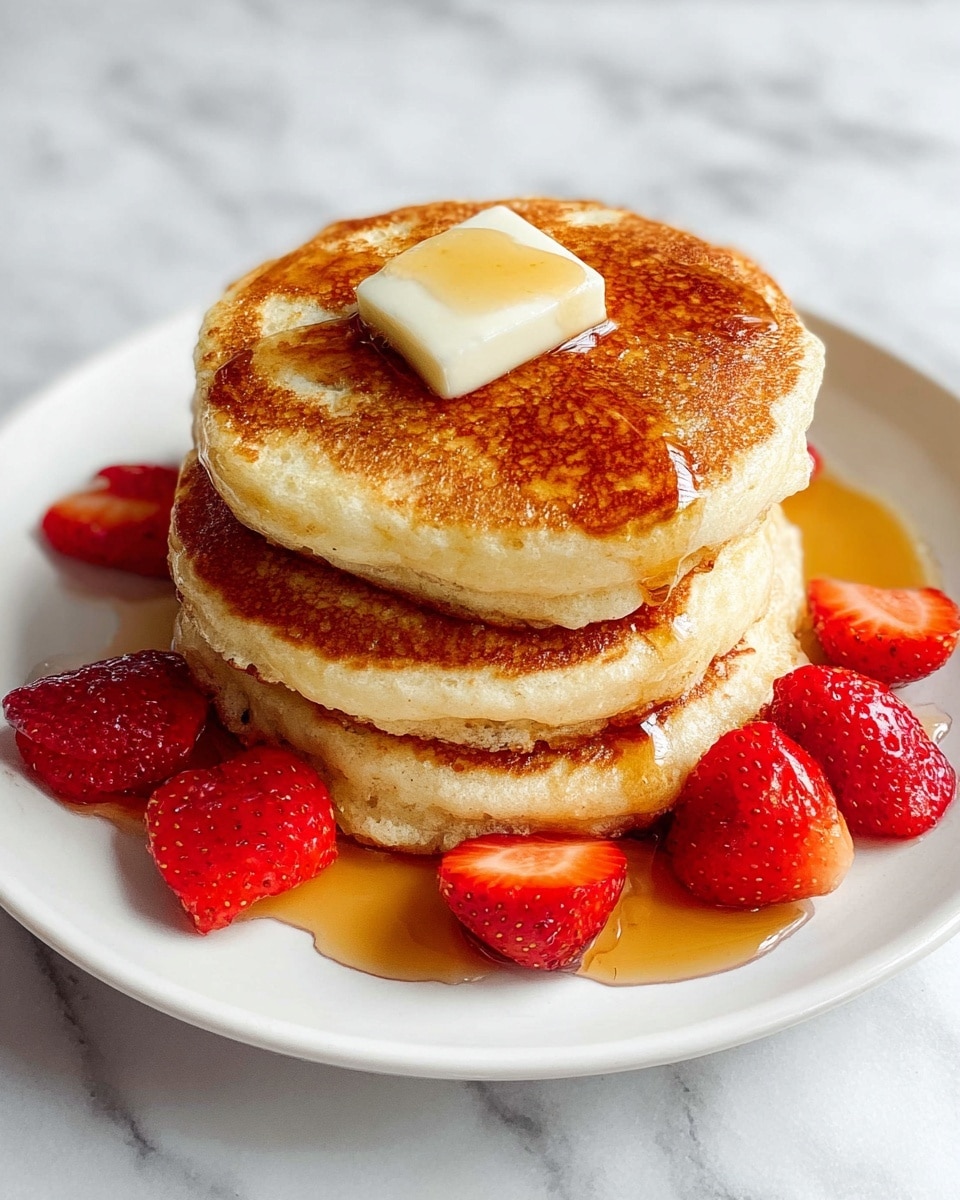 Tall stack of six fluffy golden pancakes topped with a perfectly square pat of melting butter, drizzled generously with amber maple syrup cascading down the sides; surrounded by a ring of whole fresh strawberries on a large white plate, placed on a white marble countertop, captured in a professional 3/4 angle food photography style with natural lighting, showcasing the entire dish in frame, photo taken with an iphone --ar 4:5 --v 7