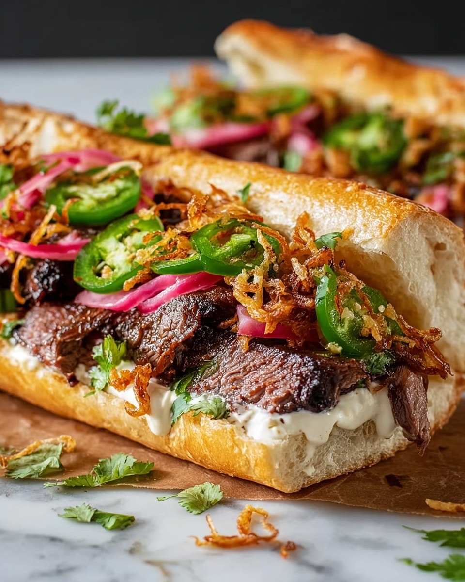 Long white baguette sandwich laid out whole on a white rectangular platter, generously filled with grilled sliced steak, fresh sliced jalapeños, thinly sliced red onions, vibrant cilantro leaves, and drizzled with creamy white sauce, all arranged with crisp toasted baguette crust visible, set on white marble countertop with natural lighting, professional 3/4 angle food magazine hero shot, photo taken with an iphone --ar 4:5 --v 7