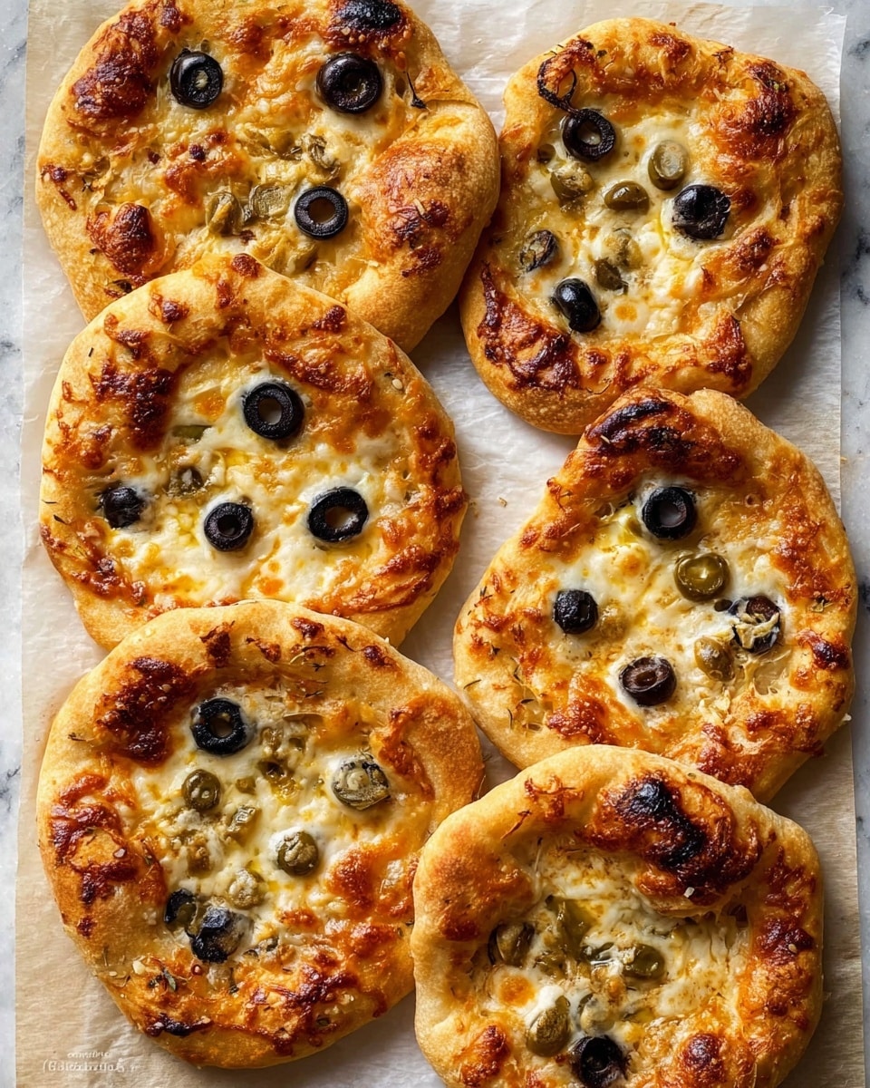 Five whole rustic mini pizzas arranged closely together on white parchment paper atop a white marble surface, each with golden bubbly cheese, scattered black and green olive slices, and slightly charred crusts that show a homemade, artisanal texture, captured in natural lighting from a professional 3/4 angle, resembling a food magazine hero shot, photo taken with an iphone --ar 4:5 --v 7