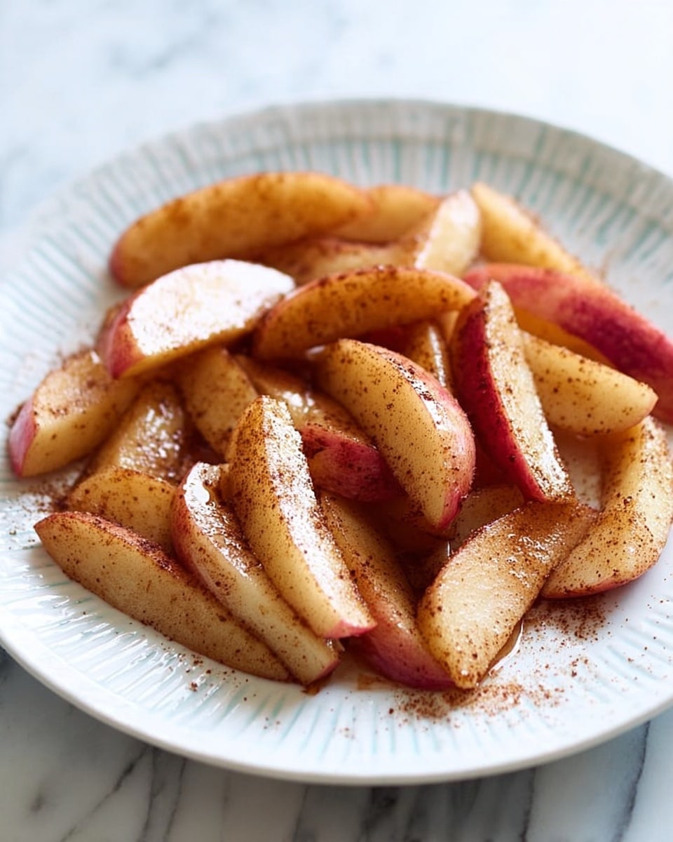 Large white serving bowl filled with freshly baked cinnamon-spiced apple wedges, their tender golden and red skins glistening with warm cinnamon dusting, the whole dish perfectly arranged to showcase the juicy, soft texture of the cooked apples, photographed from a 3/4 angle on a white marble countertop with natural light highlighting the inviting autumnal tones, professional food styling photo taken with an iphone --ar 4:5 --v 7