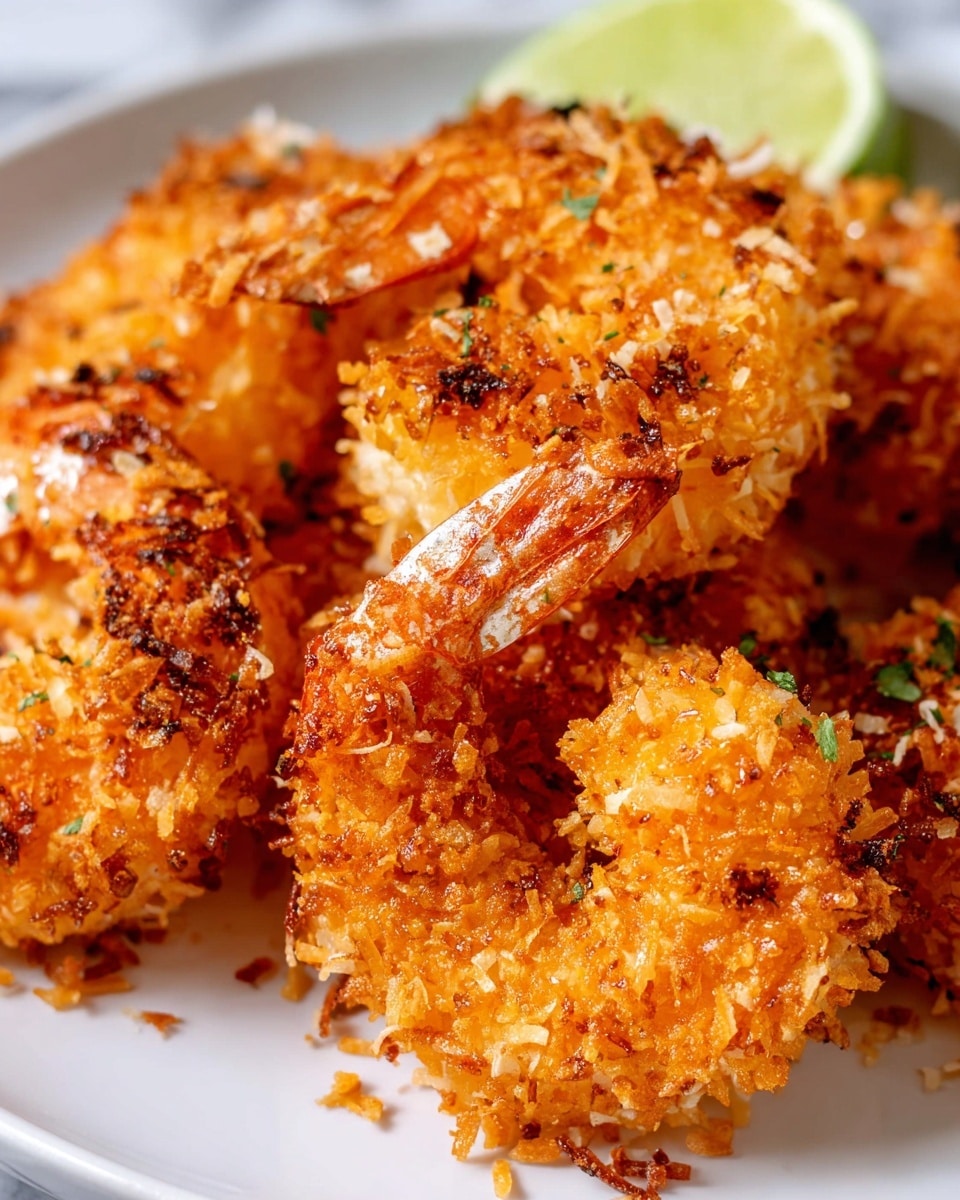 Large white serving bowl filled with a generous pile of crispy golden coconut shrimp, each piece coated with toasted coconut flakes and perfectly seasoned, the whole dish showcased in a professional 3/4 angle shot on a white marble countertop with natural lighting, highlighting the crunchy texture and vibrant color, food magazine hero shot photo taken with an iphone --ar 4:5 --v 7