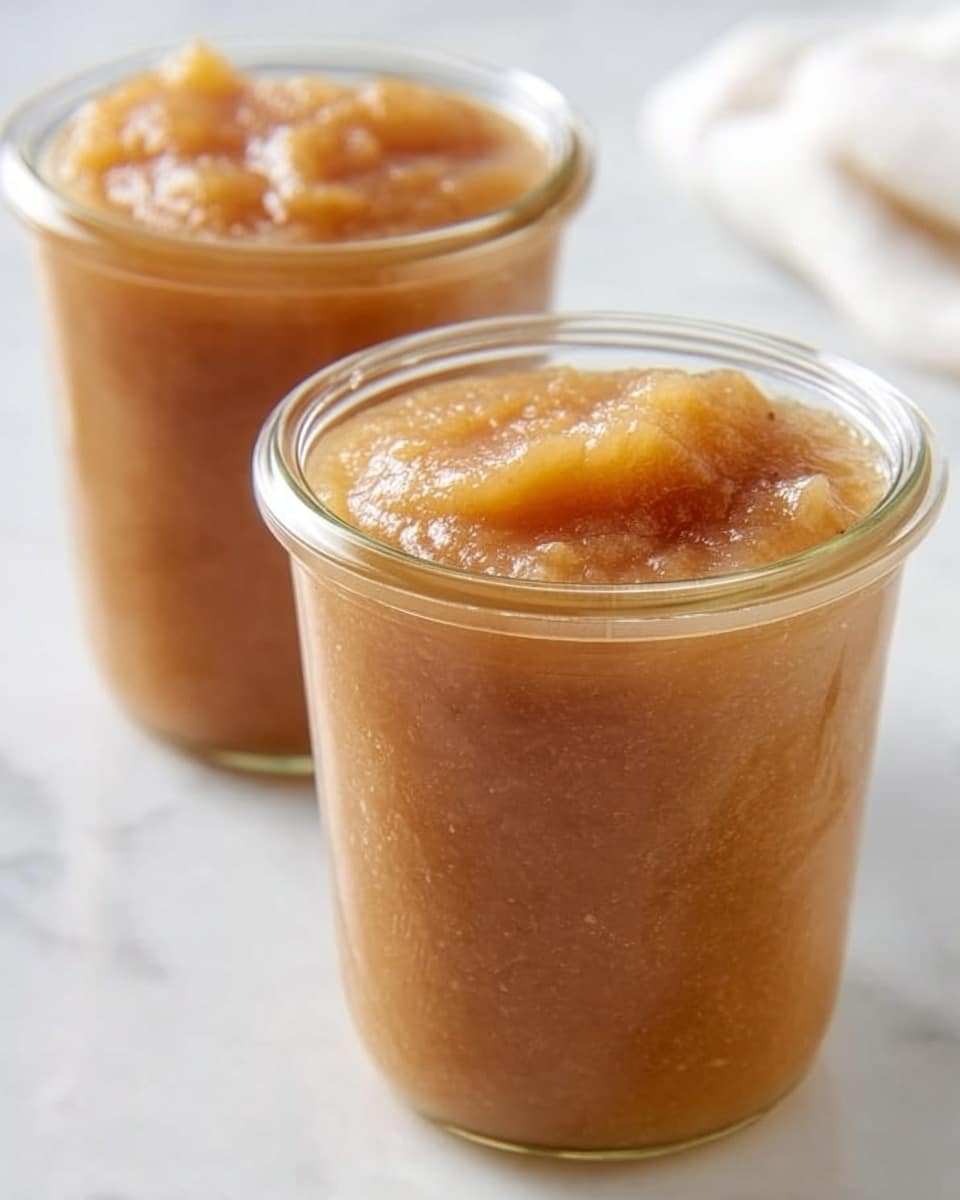 Two large white glass jars filled to the brim with smooth and creamy homemade applesauce, showcasing its rich golden-brown color with a slightly chunky texture, placed side by side on a white marble countertop with soft natural lighting highlighting the glossy surface, professional overhead shot capturing the entire jars as a complete presentation, photo taken with an iphone --ar 4:5 --v 7