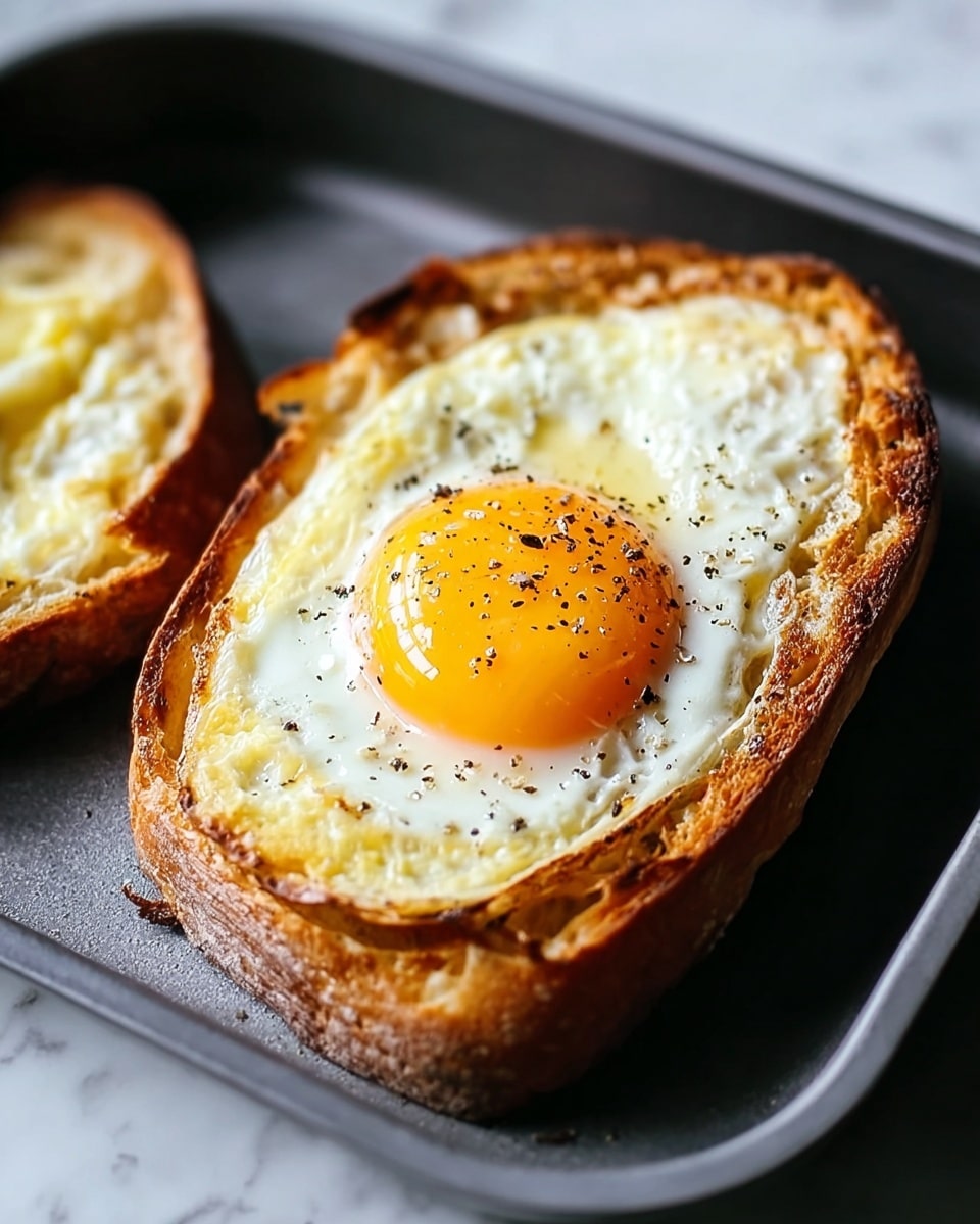 Large black baking tray holding multiple slices of golden toasted bread each topped with a perfectly cooked fried egg with bright yellow yolks and seasoned with freshly ground black pepper, showing the entire batch of egg-in-toast prepared together, photographed at a 3/4 angle with natural lighting on a white marble background, professional food magazine style photo taken with an iphone --ar 4:5 --v 7