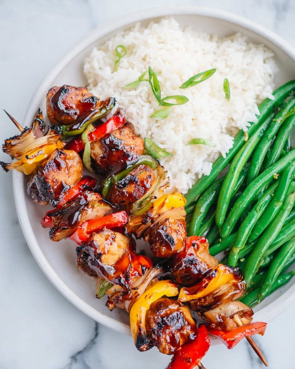 Large white rectangular platter filled with a dozen glossy, fully assembled chicken and vegetable skewers, featuring juicy chunks of grilled chicken, vibrant red, yellow, and green bell peppers, and fresh green onion pieces, all evenly coated in a rich teriyaki glaze, arranged neatly side by side, photographed from a professional 3/4 angle with natural lighting on a white marble background, showcasing the entire dish in a hero food magazine style shot, photo taken with an iphone --ar 4:5 --v 7