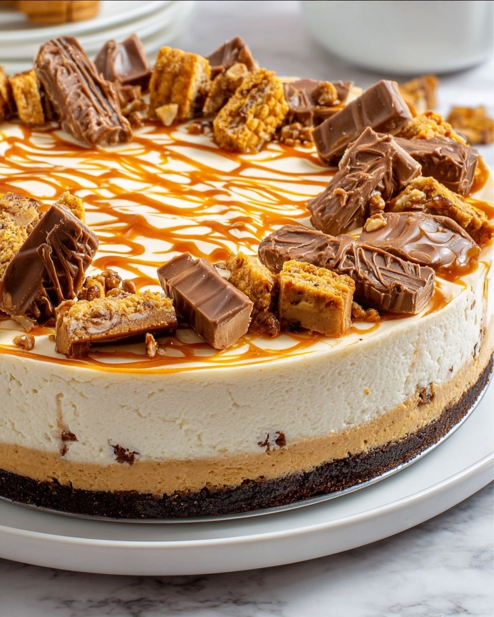 Whole round layered cheesecake displayed on a large white plate, featuring a thick chocolate crust base topped with a creamy peanut butter layer and a smooth white cheesecake layer, adorned with intricate caramel swirls and generously sprinkled with chopped chocolate peanut butter candy bars and mini peanut butter cookies, presented at a professional 3/4 angle on a white marble countertop with natural lighting, styled like a hero shot from a food magazine, photo taken with an iphone --ar 4:5 --v 7