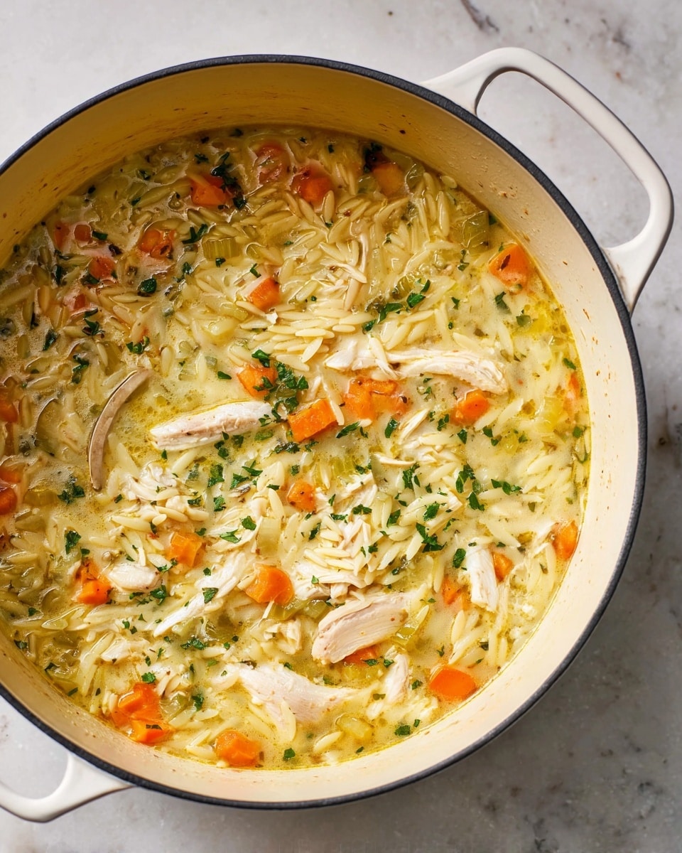 Large white enameled cast iron pot filled with whole creamy chicken and orzo soup, showcasing tender white meat pieces, diced orange carrots, celery, and fresh herbs in a rich, seasoned broth, the full dish seen from a 3/4 angle on a white marble countertop with natural lighting, styled as a professional food magazine hero shot, photo taken with an iphone --ar 4:5 --v 7