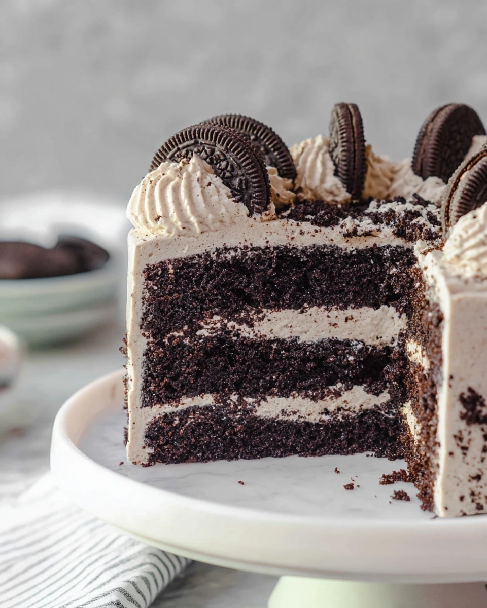Whole white round cookies and cream cake fully frosted with speckled cookies and cream icing, topped generously with piped swirls of the same frosting and whole Oreo cookies, sprinkled with crushed cookie crumbs around the edges and on top, sitting on a white cake board on a wooden cake stand, shot from 3/4 angle with natural lighting on a clean white marble countertop with subtle textured beige backdrop and a white cloth with gray polka dots nearby, professional food magazine hero shot photo taken with an iphone --ar 4:5 --v 7