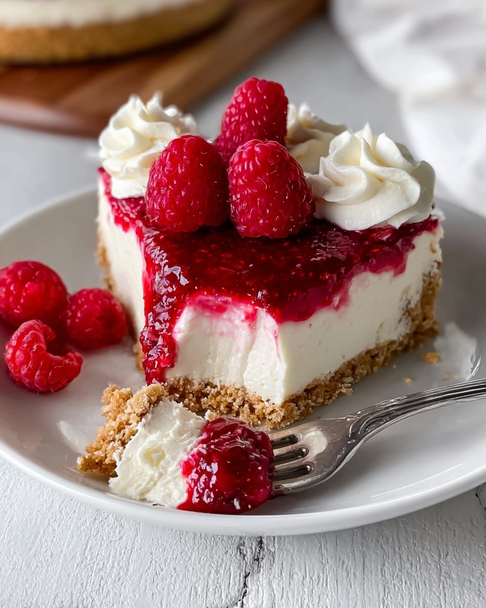 Whole round raspberry tart in a white ceramic pie dish, featuring a golden graham cracker crust filled with glossy raspberry jam, topped with evenly spaced dollops of fluffy whipped cream around the edge and a fresh pile of ripe red raspberries at the center, beautifully styled on a white marble countertop with natural light, photographed from a 3/4 angle, professional food magazine hero shot, photo taken with an iphone --ar 4:5 --v 7