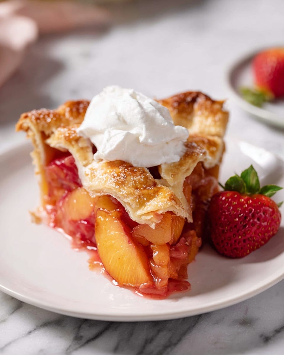 Classic whole strawberry lattice pie presented in a white pie dish, featuring a perfectly golden-brown, flaky crust with coarse sugar sprinkled on top, neatly woven lattice strips revealing the bright red, juicy strawberry filling beneath, garnished with halved fresh strawberries arranged artfully on top and around the pie, all placed on a white marble surface, natural light enhancing the warm tones and textures, styled as a hero shot for a food magazine, photo taken with an iphone --ar 4:5 --v 7