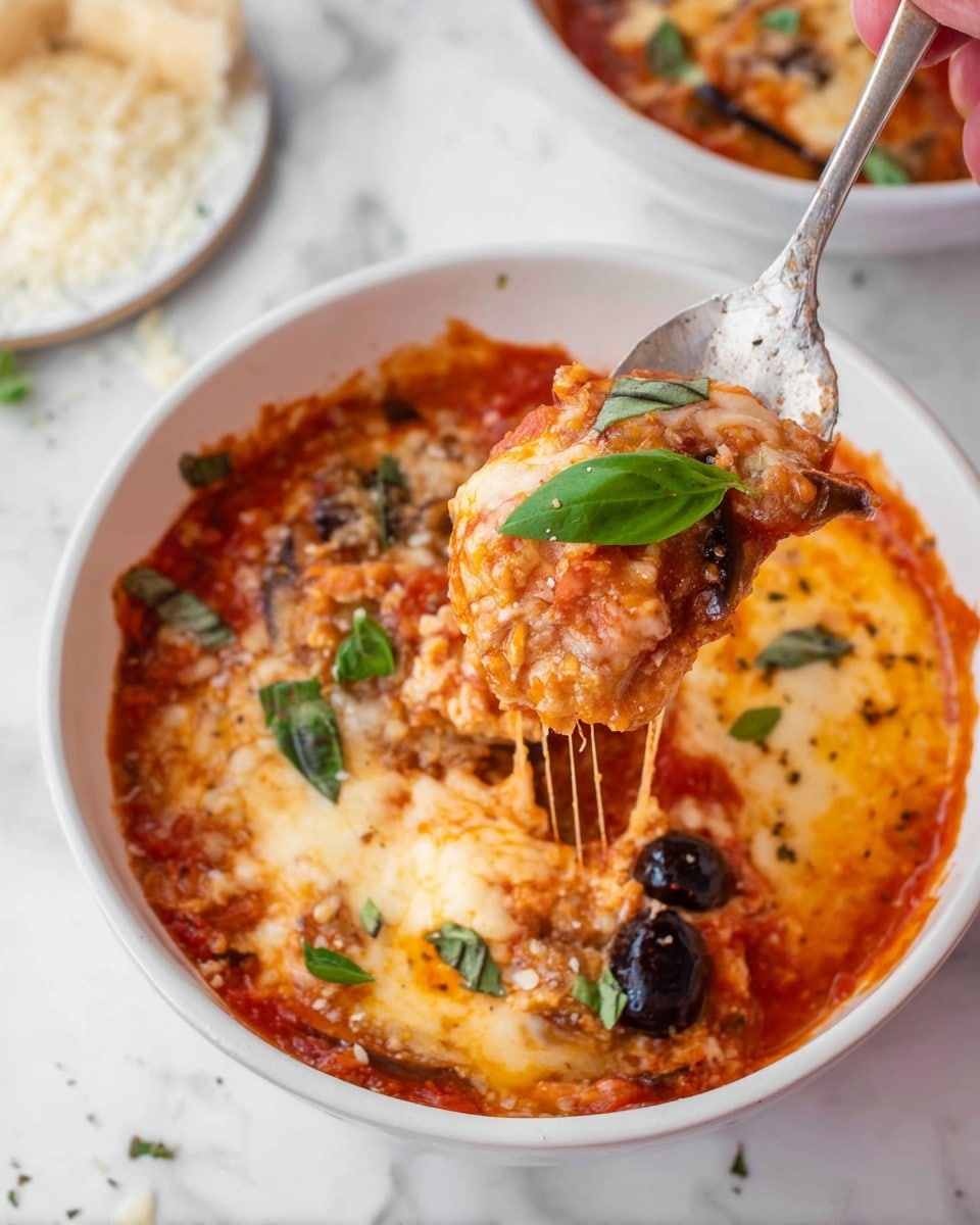 Large white casserole dish filled with creamy baked feta in bright red tomato sauce, topped with whole kalamata olives and fresh basil leaves, all melted and slightly golden on top, styled on a white marble countertop with natural lighting, presented as a full, uncut dish from a 3/4 angle, professional food magazine hero shot photo taken with an iphone --ar 4:5 --v 7