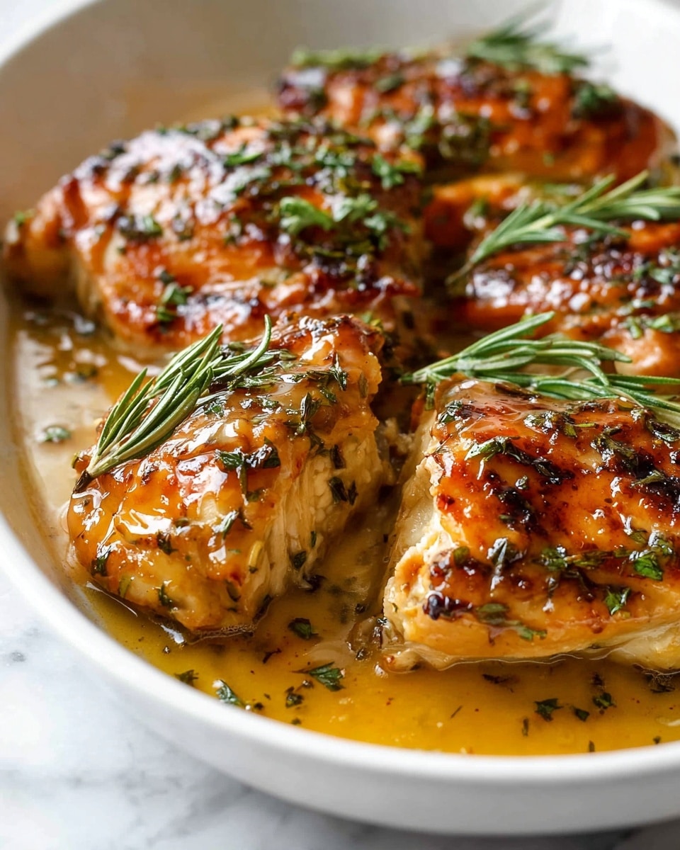 Large white ceramic baking dish filled with three whole golden-brown roasted chicken breasts glazed with a rich mustard and herb sauce, garnished with fresh rosemary sprigs and chopped parsley, the sauce glistening around the edges, captured in a professional 3/4 angle shot on a white marble countertop with natural lighting, a perfect hero food magazine style photo taken with an iphone --ar 4:5 --v 7