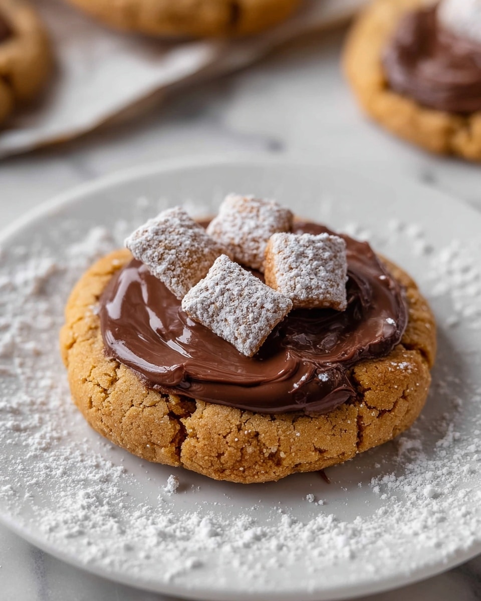 Large white plate holding several whole golden brown cookies topped with glossy milk chocolate spread, each decorated with three pieces of powdered sugar-dusted chocolate cereal bites, all cookies arranged neatly on parchment paper with additional cereal pieces scattered around, photographed in natural light on a white marble surface, professional food styling photo taken with an iphone --ar 4:5 --v 7