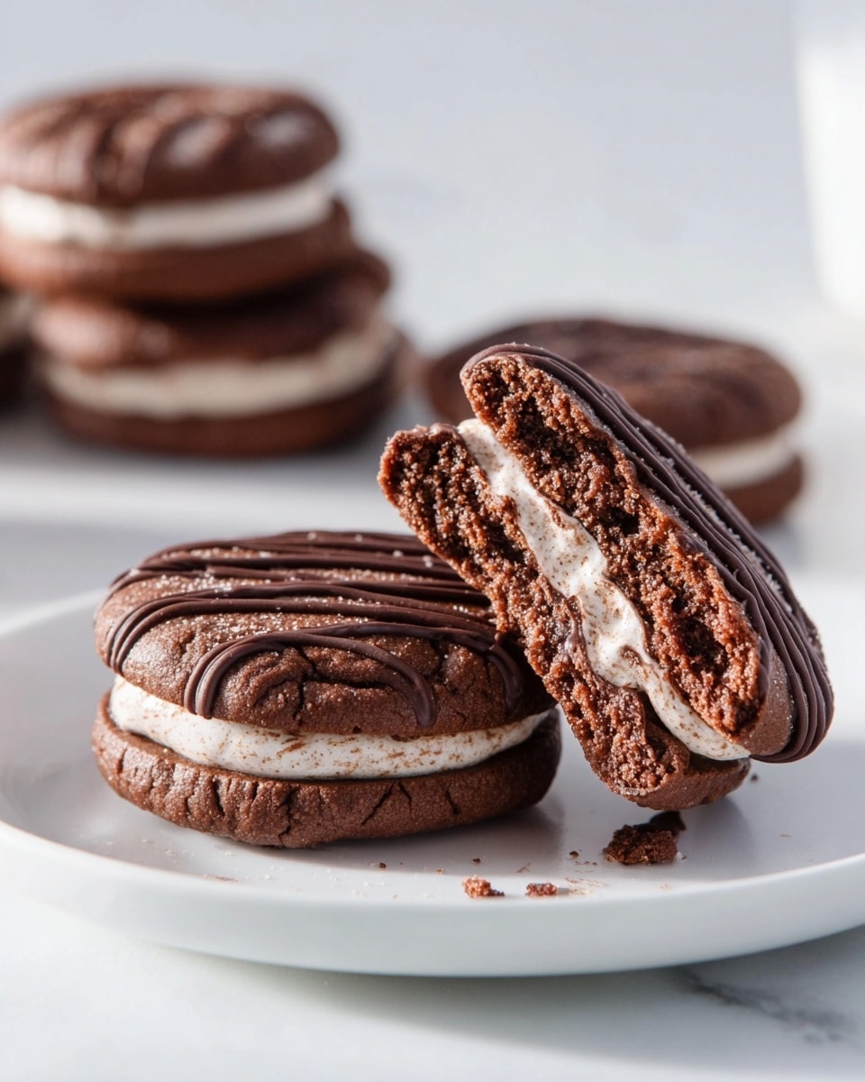 Large white round plate with a full batch of freshly baked chocolate cookies, each cookie uniformly round and topped with delicate wavy lines of milk chocolate drizzle, arranged in a slight overlapping pattern that fills the entire plate, set on a white marble countertop under natural daylight, professional food styling, overhead shot capturing the complete presentation of the cookies as a whole batch, photo taken with an iphone --ar 4:5 --v 7