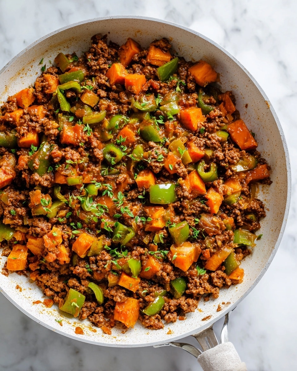 Large white skillet filled with a hearty mixture of seasoned ground beef, vibrant diced green bell peppers, sweet orange cubes of cooked sweet potato, and translucent sautéed onions, all coated in a rich, savory sauce with visible herbs sprinkled on top, the entire dish captured in a professional 3/4 angle shot on a white marble countertop with natural lighting, showcasing the full, uncut meal like a hero food magazine photo taken with an iphone --ar 4:5 --v 7