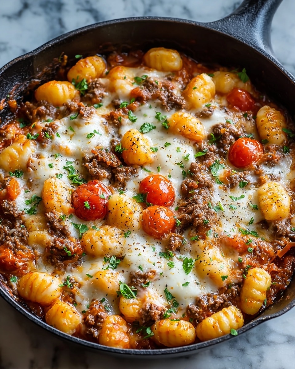 Large black cast iron skillet filled with a hearty baked gnocchi dish featuring perfectly puffed gnocchi pieces coated in a rich, meaty tomato sauce with ground beef, whole cherry tomatoes, and a generous layer of melted mozzarella cheese bubbling on top, sprinkled with fresh parsley and black pepper, presented on a white marble countertop with natural light highlighting the vibrant colors of the ingredients, professional 3/4 angle food magazine style photo taken with an iphone --ar 4:5 --v 7